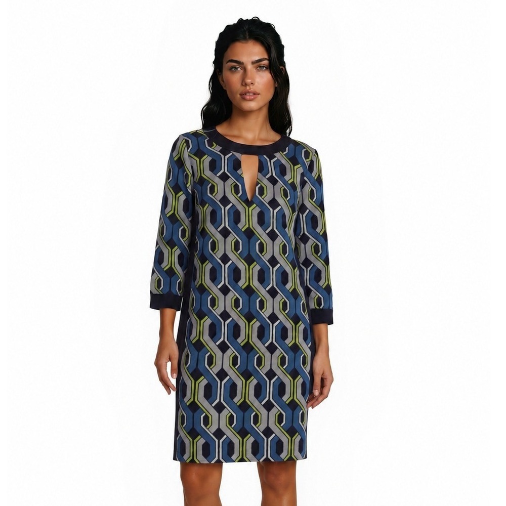 NWT Trina Turk 100% Silk Tunic Dress Women's Size 6 Blue Geometric Keyhole